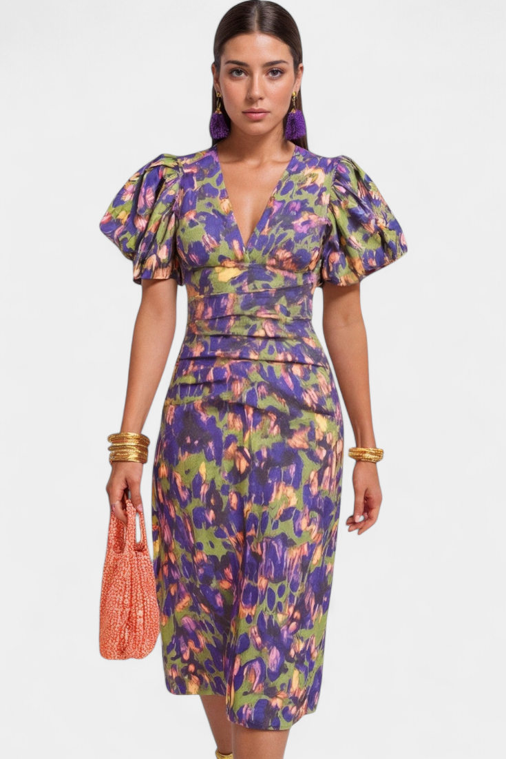 Wibia Vestido Estampado con Mangas Volumen y Fruncido