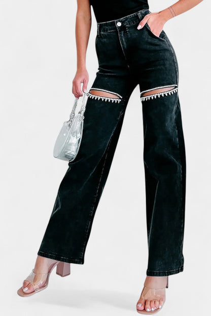 Evian Jeans Ripped Straight-Leg con Rhinestones