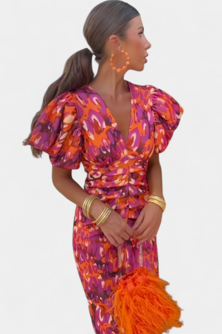 Wibia Vestido Estampado con Mangas Volumen y Fruncido