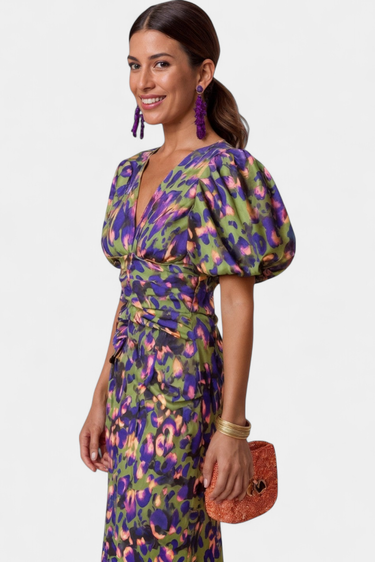 Wibia Vestido Estampado con Mangas Volumen y Fruncido