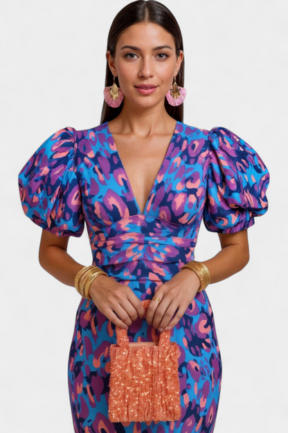 Wibia Vestido Estampado con Mangas Volumen y Fruncido