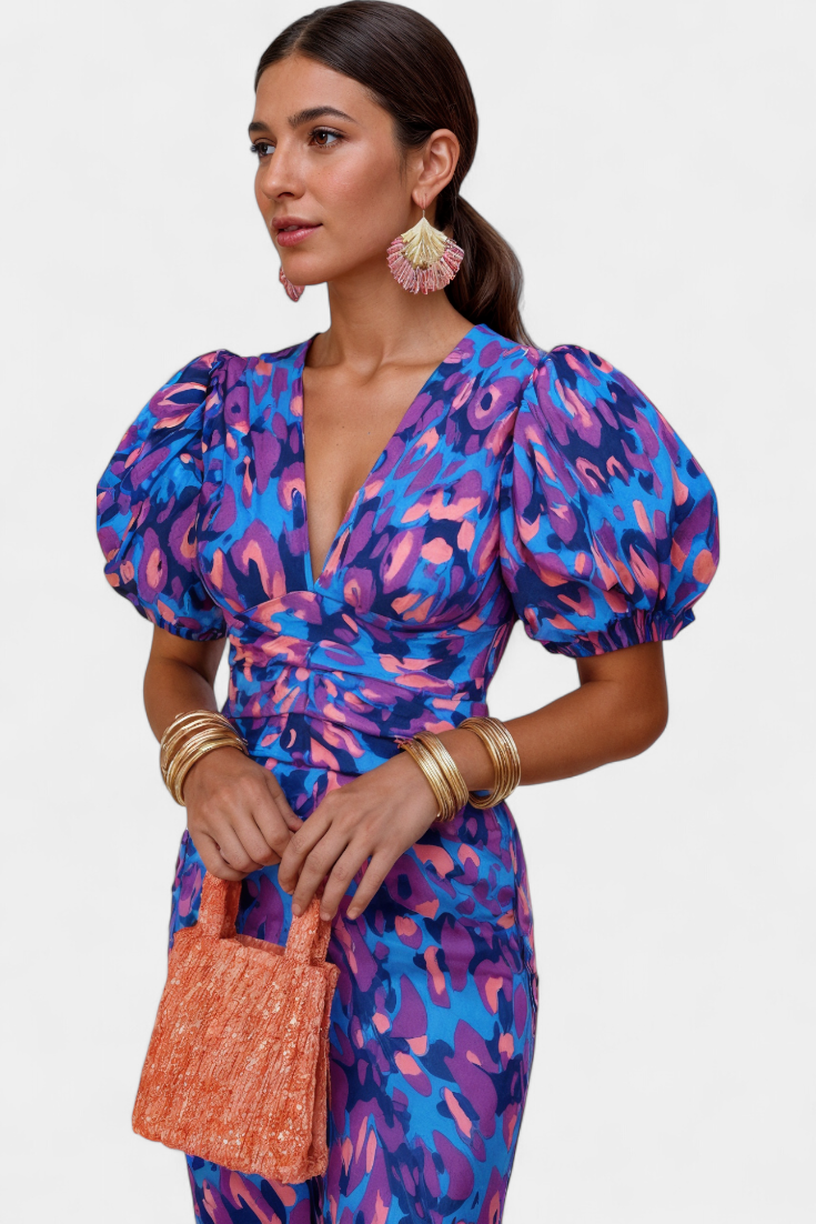 Wibia Vestido Estampado con Mangas Volumen y Fruncido