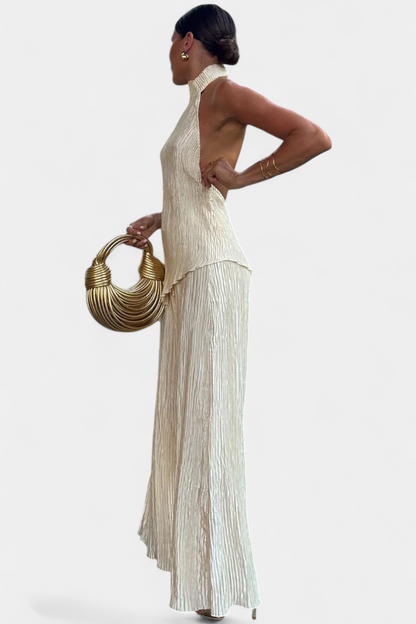 Pilarica Conjunto Elegante Plisado de Top Asimétrico y Pantalón Fluido