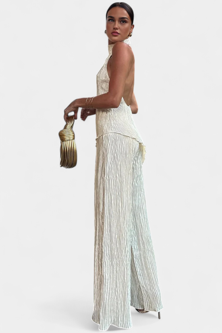 Pilarica Conjunto Elegante Plisado de Top Asimétrico y Pantalón Fluido