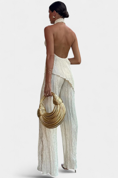 Pilarica Conjunto Elegante Plisado de Top Asimétrico y Pantalón Fluido