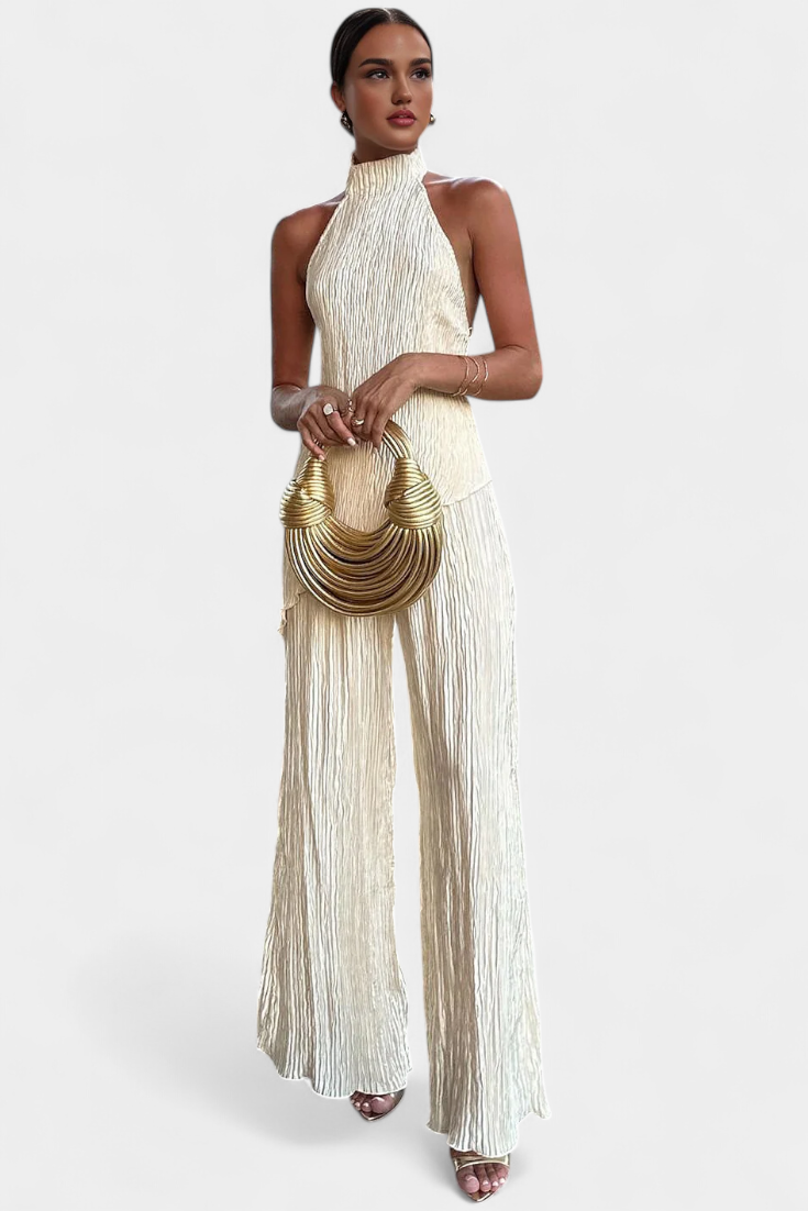 Pilarica Conjunto Elegante Plisado de Top Asimétrico y Pantalón Fluido
