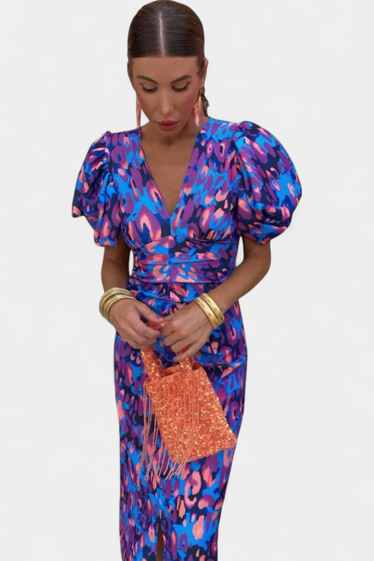 Wibia Vestido Estampado con Mangas Volumen y Fruncido